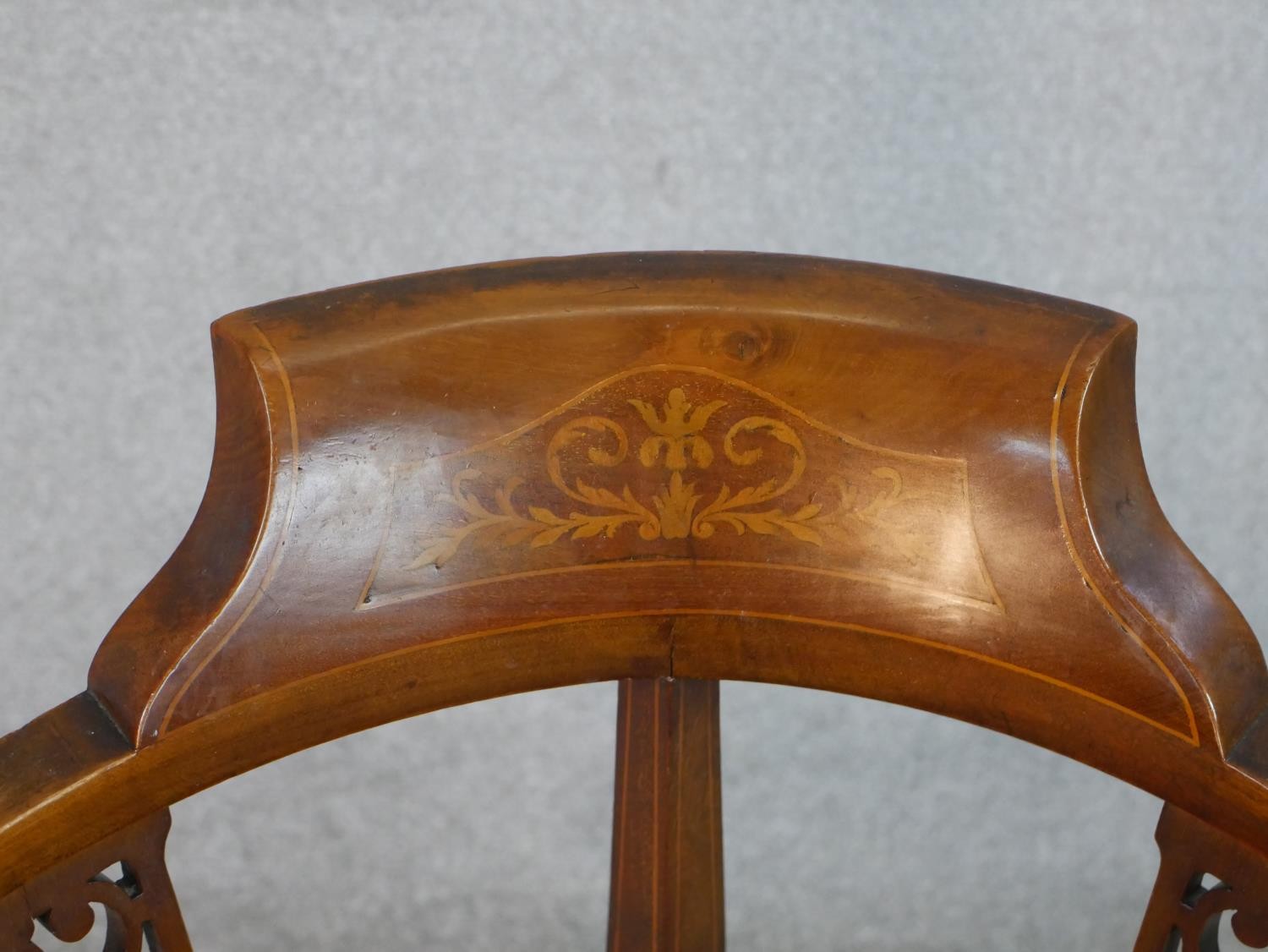 An Edwardian inlaid mahogany pierced splat back corner chair with embroidered seat, raised on X - Image 4 of 6