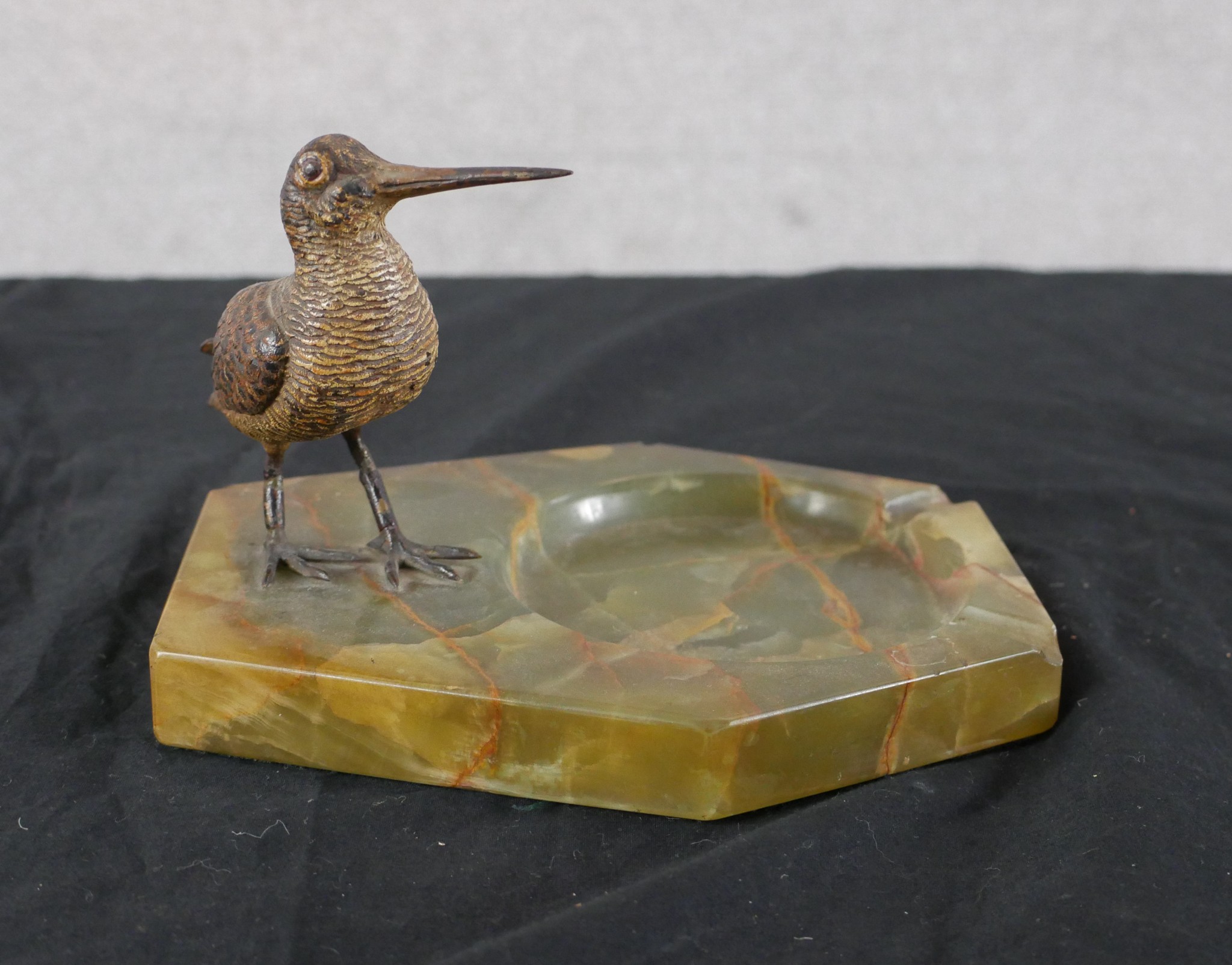An Art Deco cold painted bronze model of a Snipe mounted on a hexagonal onyx ashtray, together - Image 4 of 7