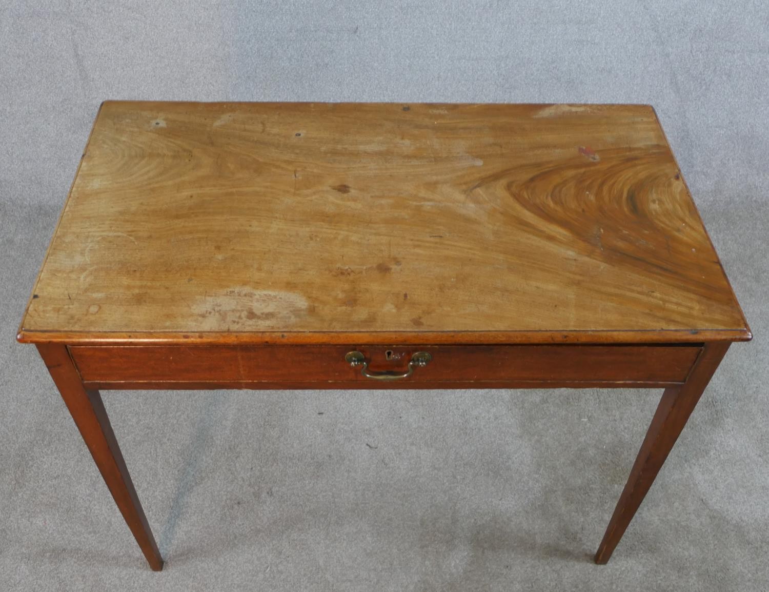 A 19th century mahogany single drawer side table with brass swing handle, raised on square - Image 2 of 6