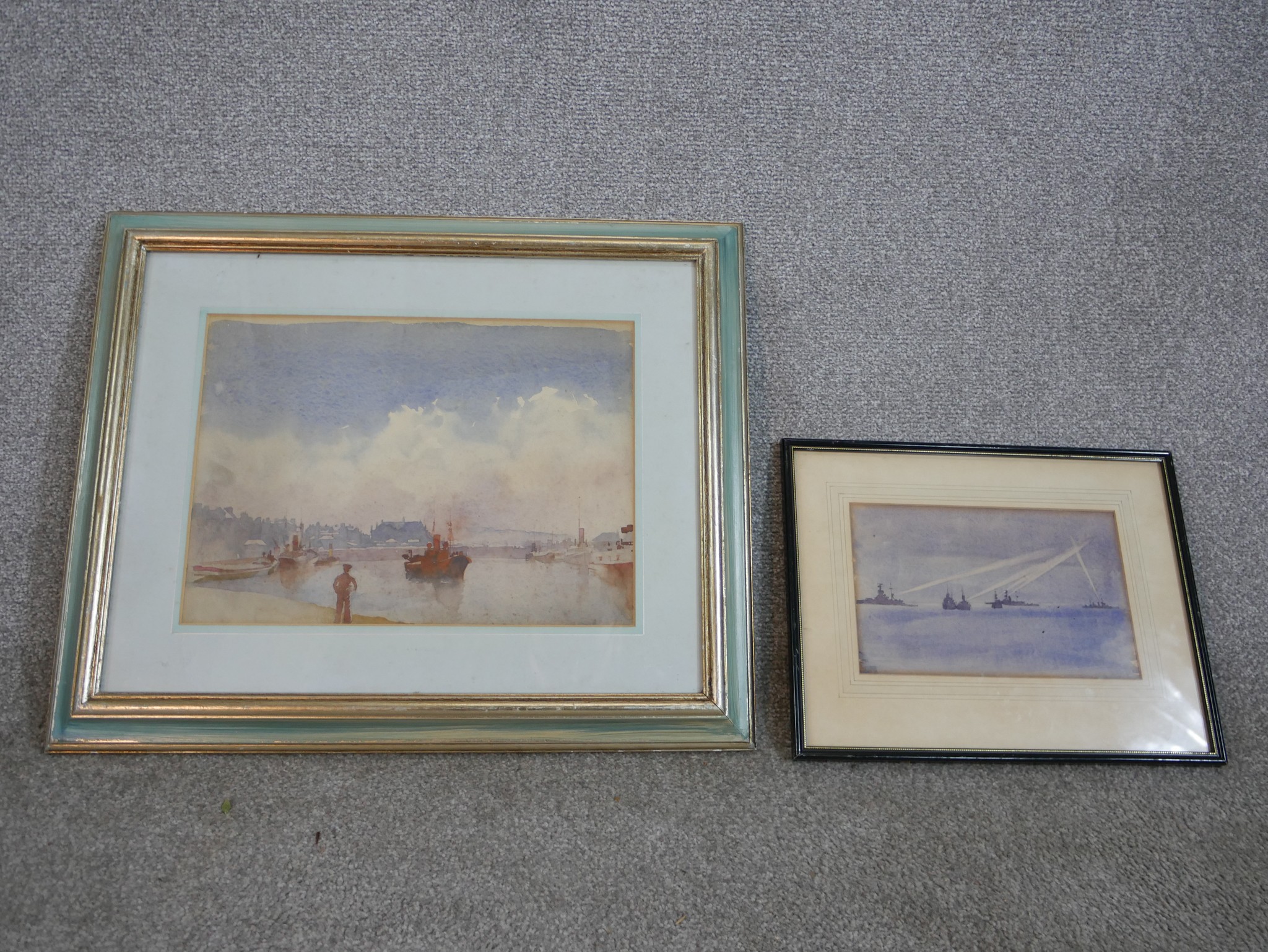 20th century, warships on the sea, two watercolours on paper, unsigned and framed. H.48 W.56cm