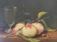 20th century, still life of fruit with glass, each oil on board, unsigned and framed (pair) H.31 W.