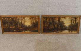 A pair 20th century, British school, lake in the woods, signed and framed. H.36 W.66cm