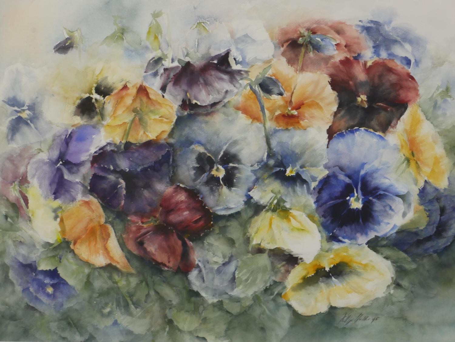 Kitty Mulder (Contemporary, Indonesian/Dutch), Pansies, watercolour on paper, signed and framed. H.