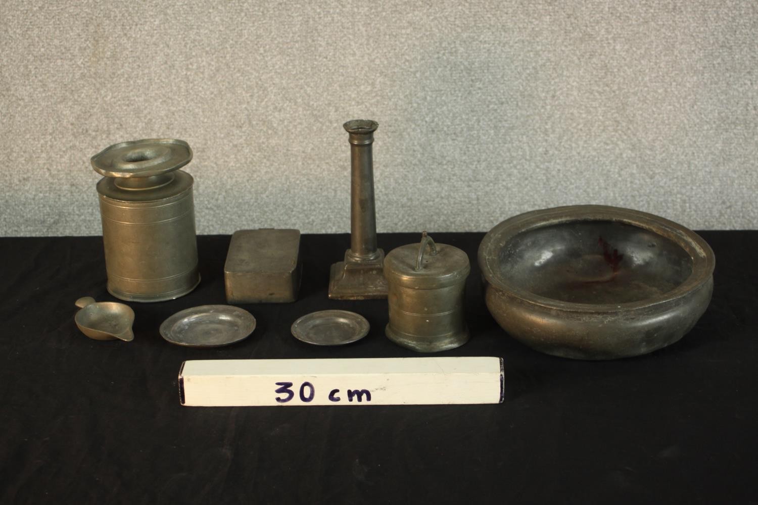 Assortment of various pewter to include candlestick, trinket dishes, bowl and other items. H.8 W. - Image 2 of 12