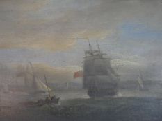 A 19th century, British school, sailing boats in battle on the choppy sea, oil on canvas, framed.