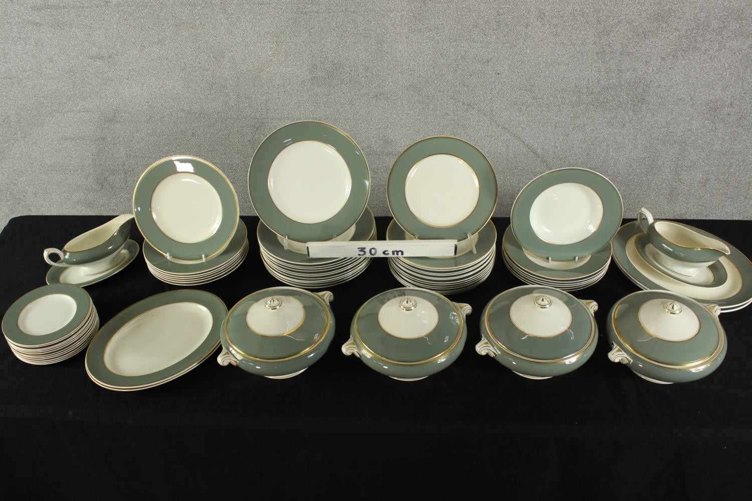 An extensive Crown Ducal porcelain dinner service with grey painted decoration and gold resist - Image 2 of 9