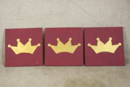 Contemporary, gold painted crowns, each on purple background, a set of three unframed oil on