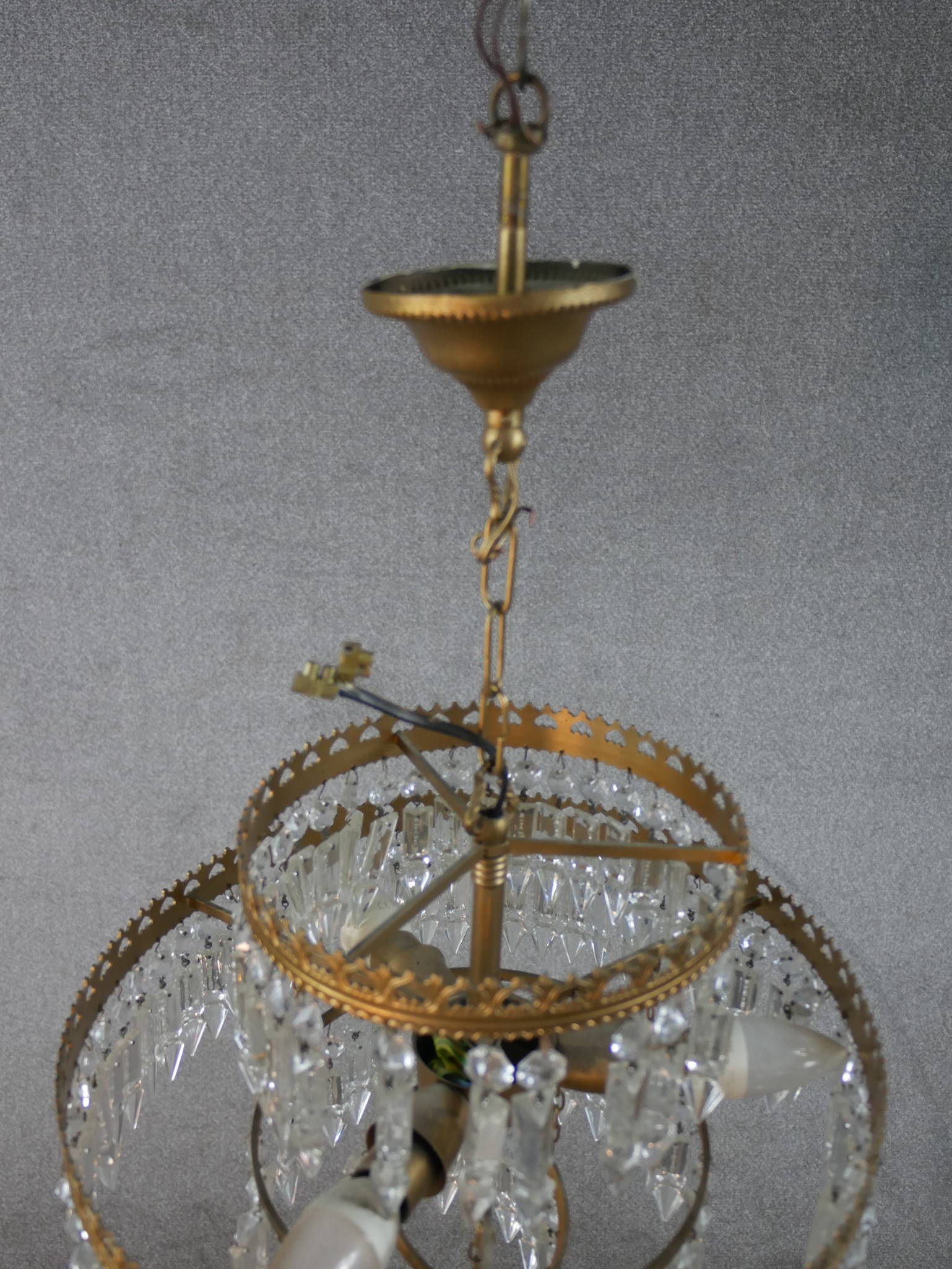 A pair of 20th century gilt metal and glass two tier hanging electroliers. H.62 W.38 D.38cm - Image 9 of 10