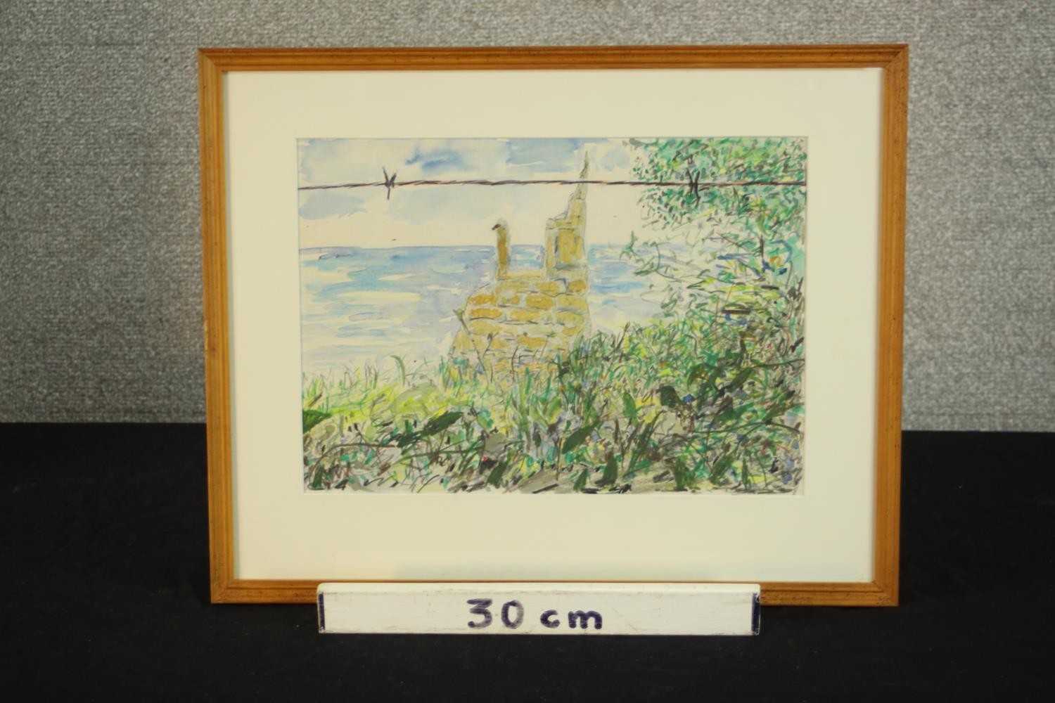 Martyn Baker (20th century), barbed wire across the cliff, watercolour on paper, framed, label - Image 3 of 7