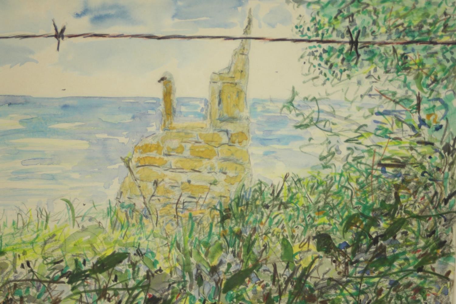 Martyn Baker (20th century), barbed wire across the cliff, watercolour on paper, framed, label