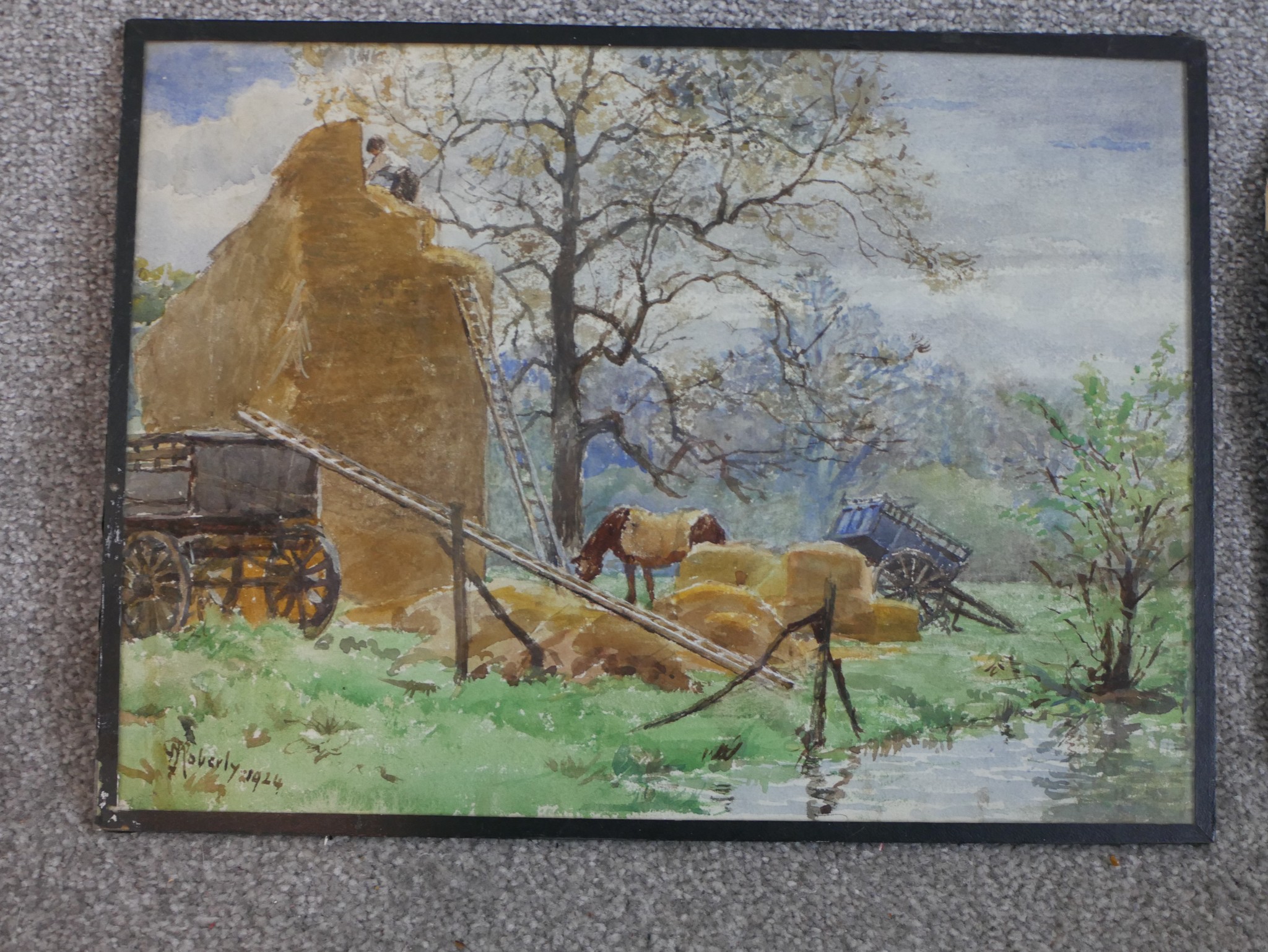 Moberly (20th century), five assorted paintings comprising man loading hay, cottage behind some - Image 2 of 10