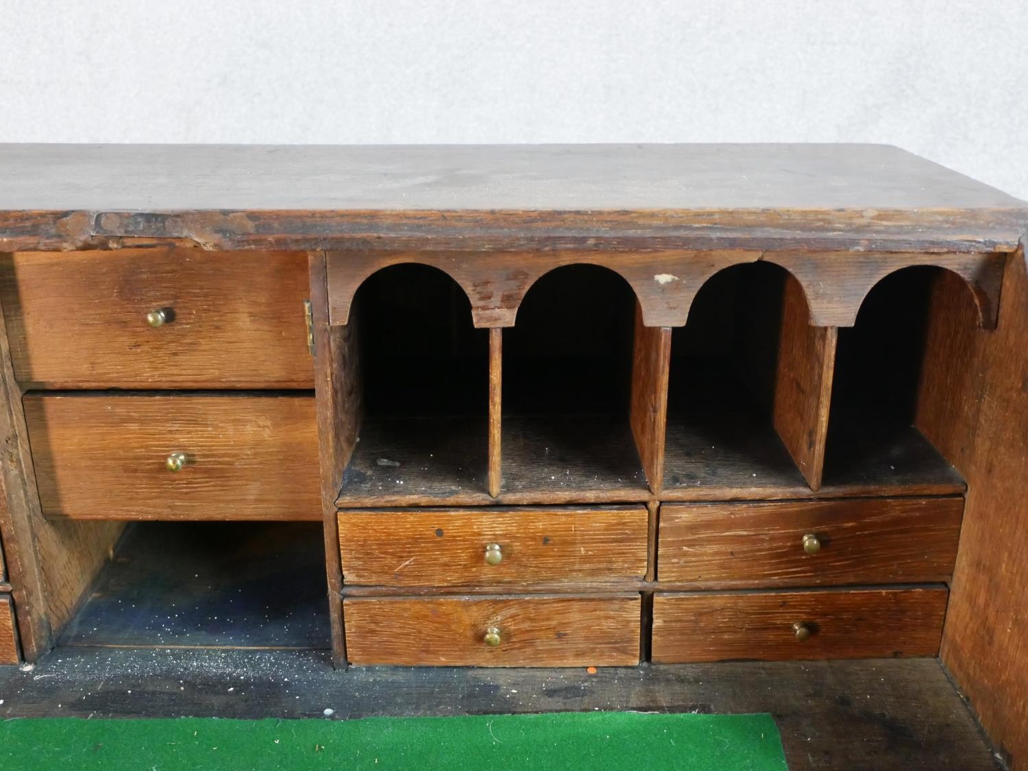 A 19th century oak fall front bureau, the fall front opening to reveal fitted interior, above - Image 7 of 9