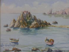 Indistinctly (20th century), rock covered island with rowing boats, watercolour on paper, signed and