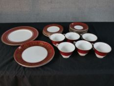 Assorted Royal Worcester red and gold painted Pompadour dinnerware's comprising of cups, saucers and