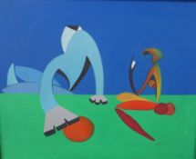 20th century, surrealist abstract figures, oil on canvas, unsigned and framed. H.48 W.58cm