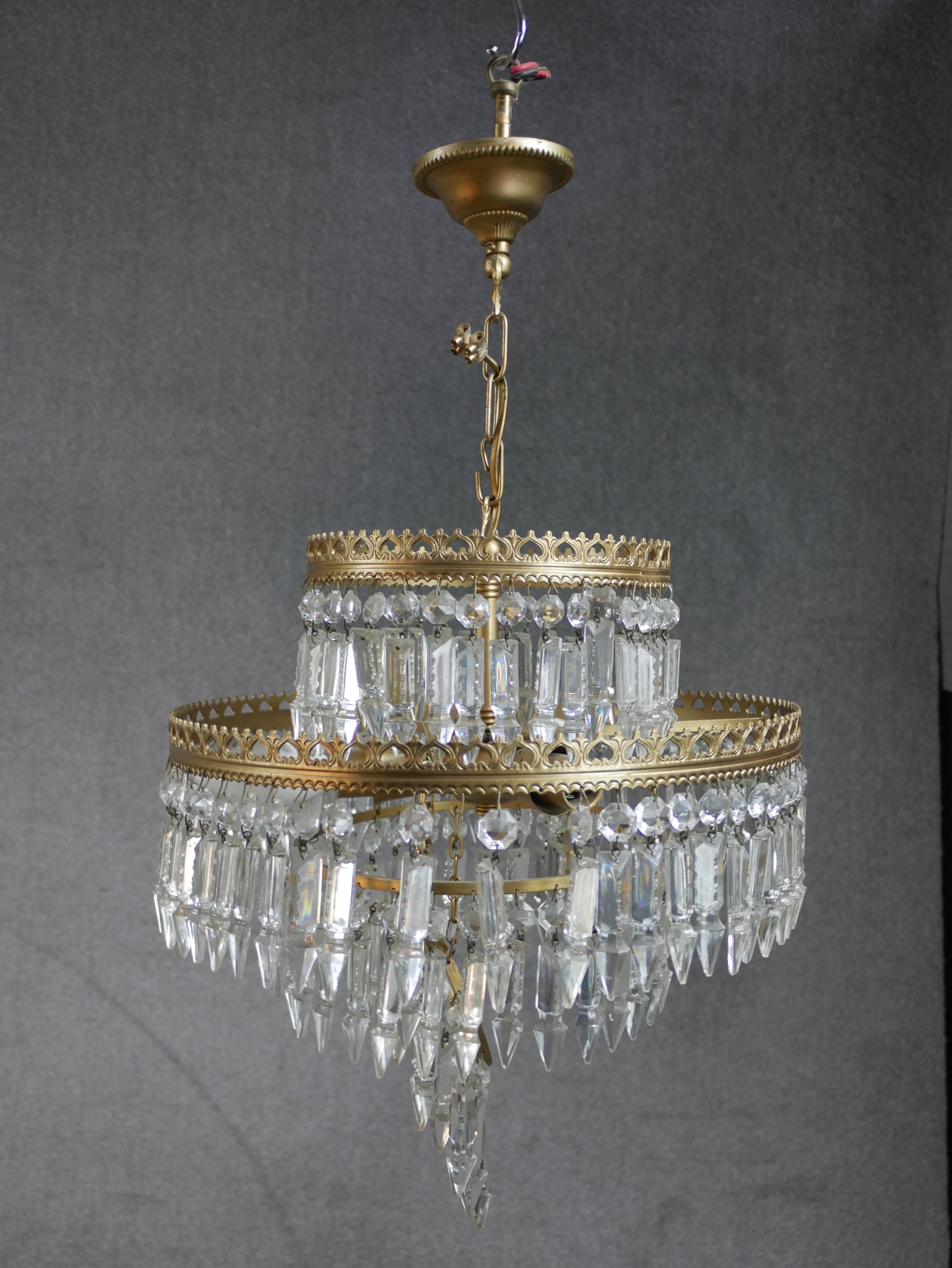 A pair of 20th century gilt metal and glass two tier hanging electroliers. H.62 W.38 D.38cm - Image 2 of 10
