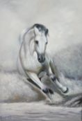 A 20th century, acrylic on canvas, a galloping horse, unsigned and unframed. H.92 W.62cm