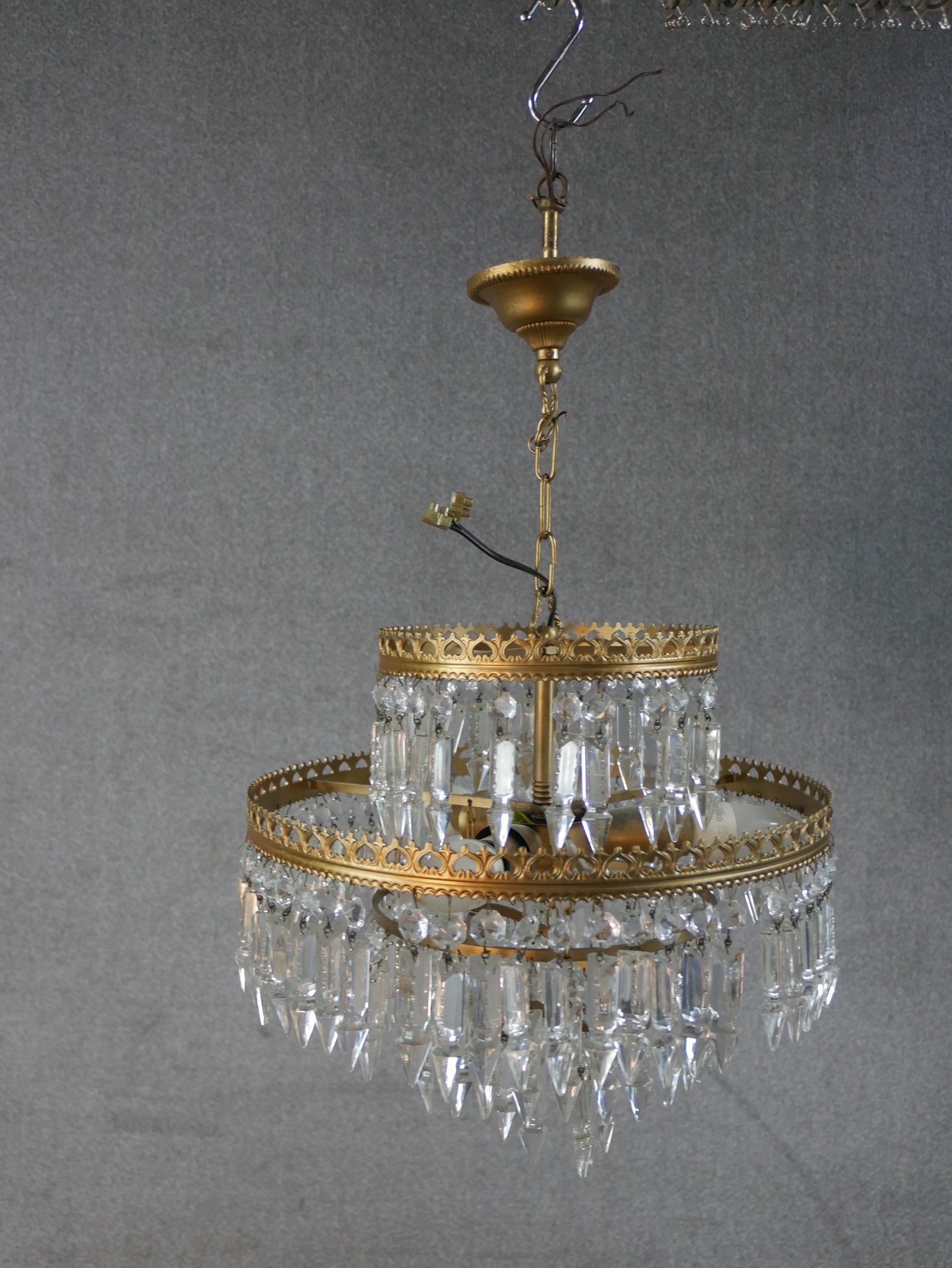 A pair of 20th century gilt metal and glass two tier hanging electroliers. H.62 W.38 D.38cm - Image 7 of 10