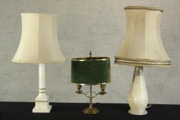 Three assorted table lamps comprising of a 20th century brass twin branch student lamp, an early