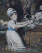 A 19th century, British school, girl playing with a dog, watercolour on paper, unsigned and