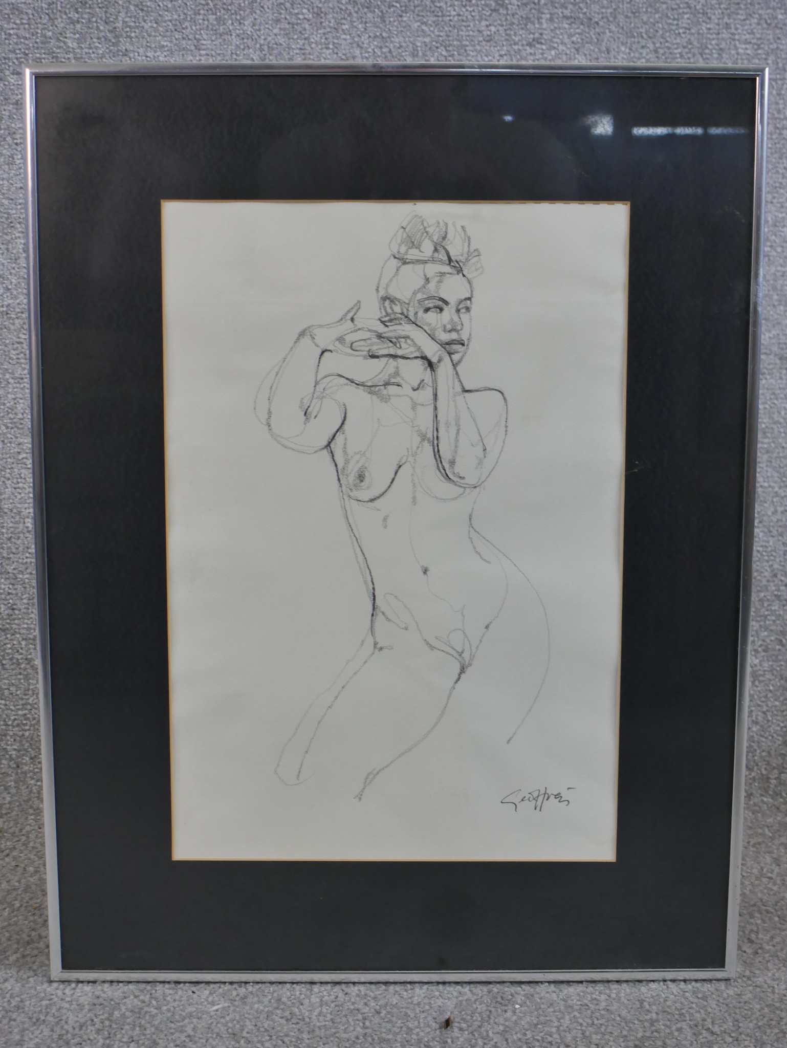 A 20th century, indistinctly signed nude female, charcoal drawing on paper, framed. H.55 W.43cm - Image 2 of 4