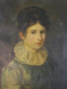 A 19th/early 20th century, portrait of a young girl wearing a blue dress, oil on canvas, unsigned