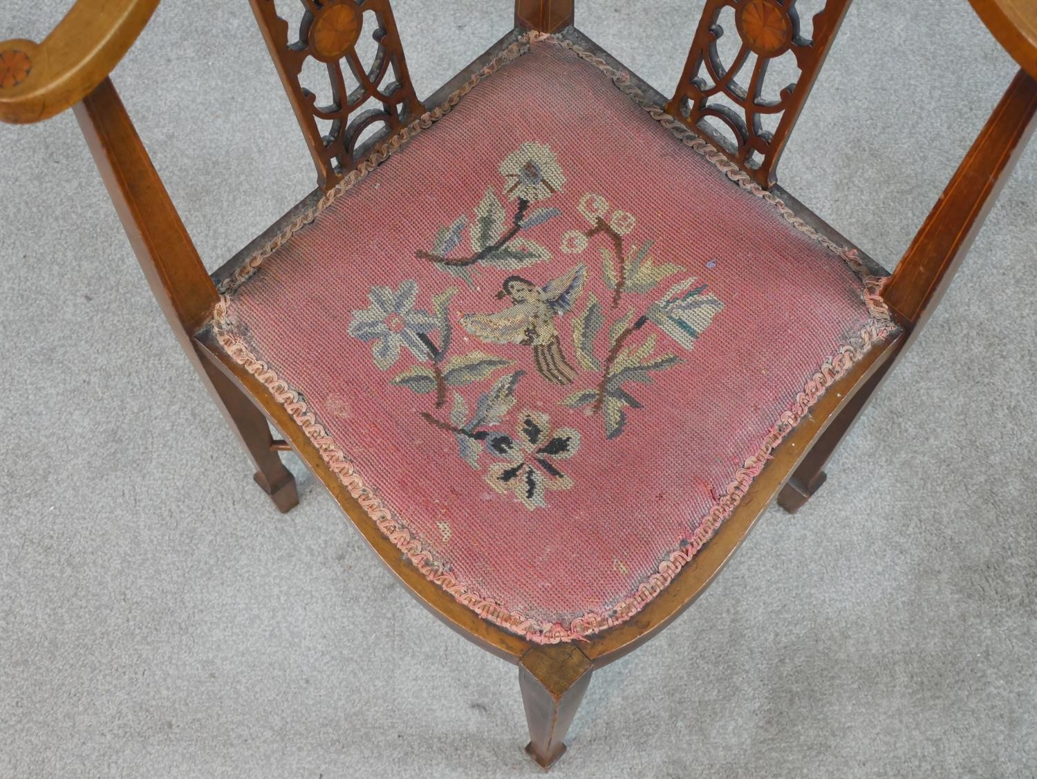 An Edwardian inlaid mahogany pierced splat back corner chair with embroidered seat, raised on X - Image 2 of 6