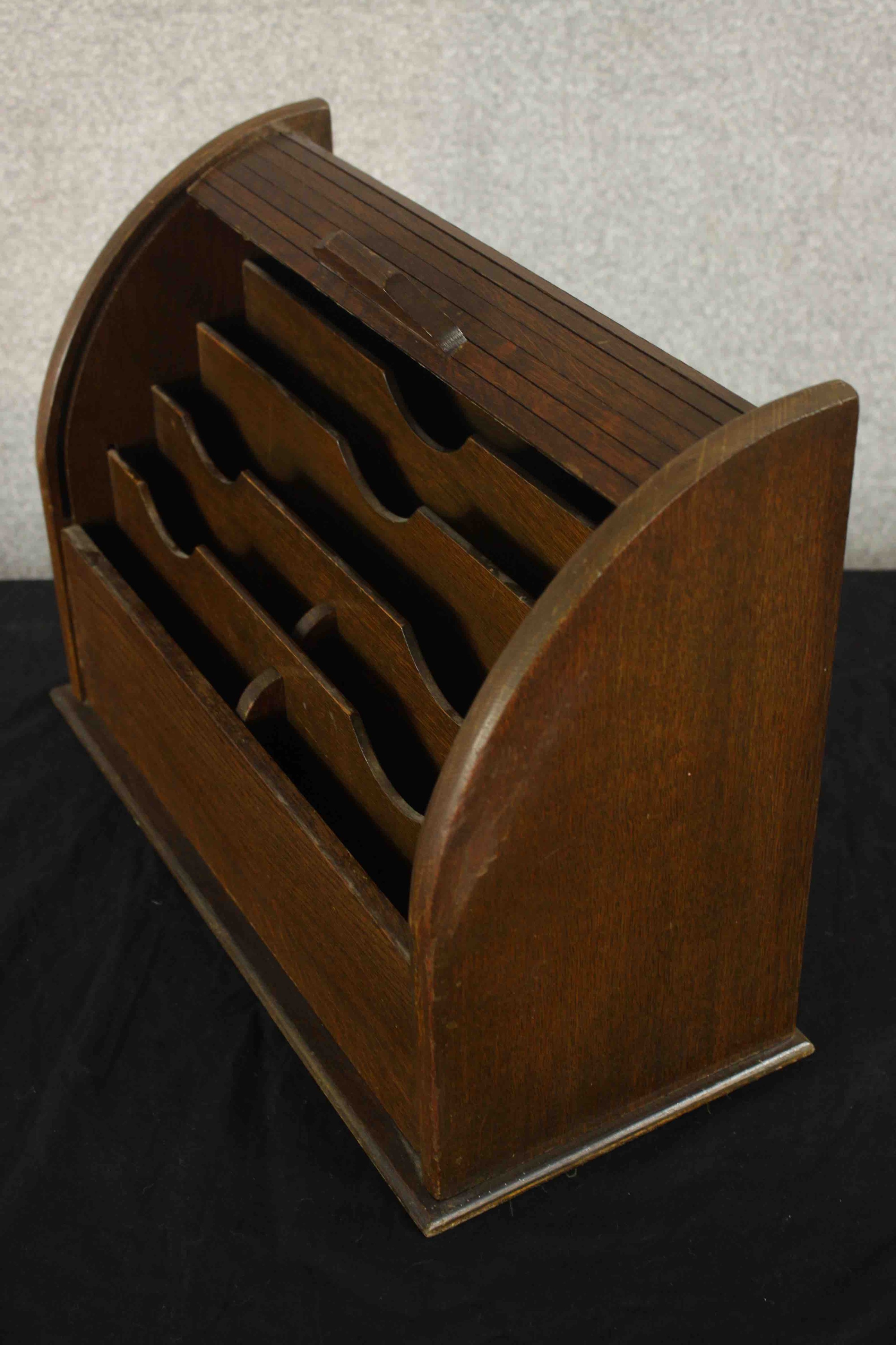 An early 20th century oak dome topped roll top letter rack, opening to reveal fitted interior. H. - Image 4 of 6