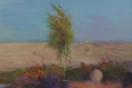 Philip James (b.1948, English), Kalimera, a single tree blowing in the wind, oil on canvas, titled