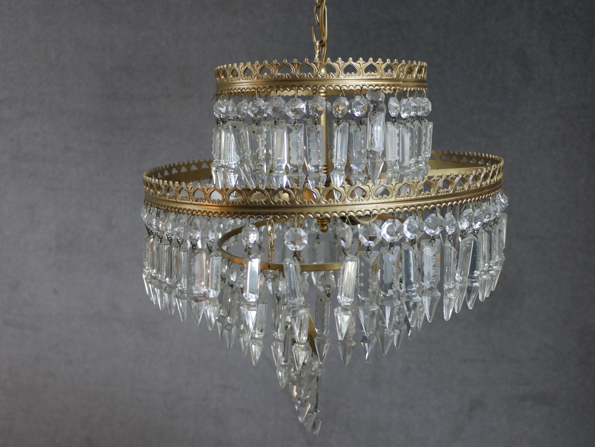 A pair of 20th century gilt metal and glass two tier hanging electroliers. H.62 W.38 D.38cm - Image 4 of 10