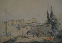 Attributed to Armand Coussens, Gypsy Caravan with Horse, etching and aquatint. H.36 W.54cm
