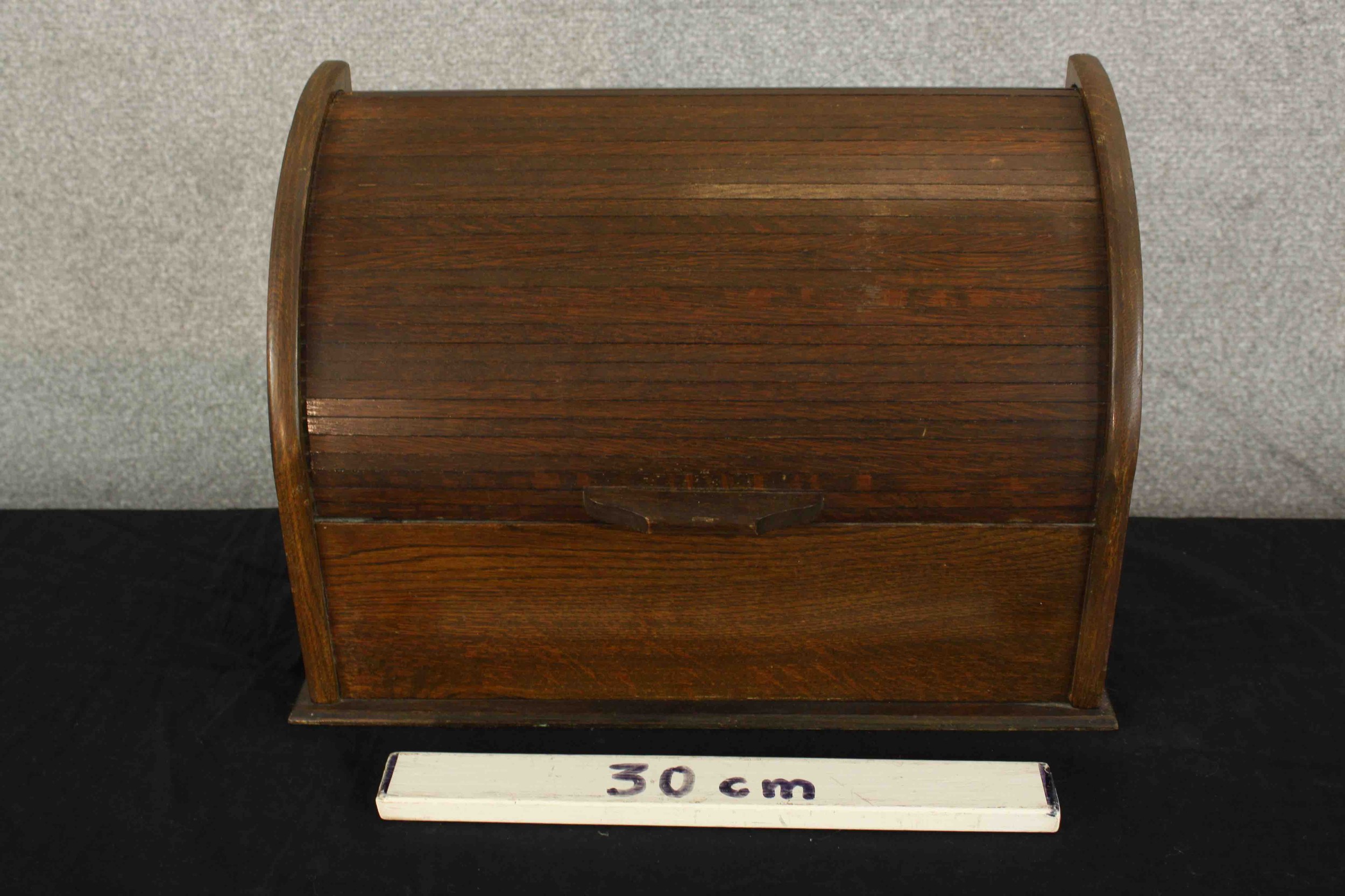 An early 20th century oak dome topped roll top letter rack, opening to reveal fitted interior. H. - Image 2 of 6