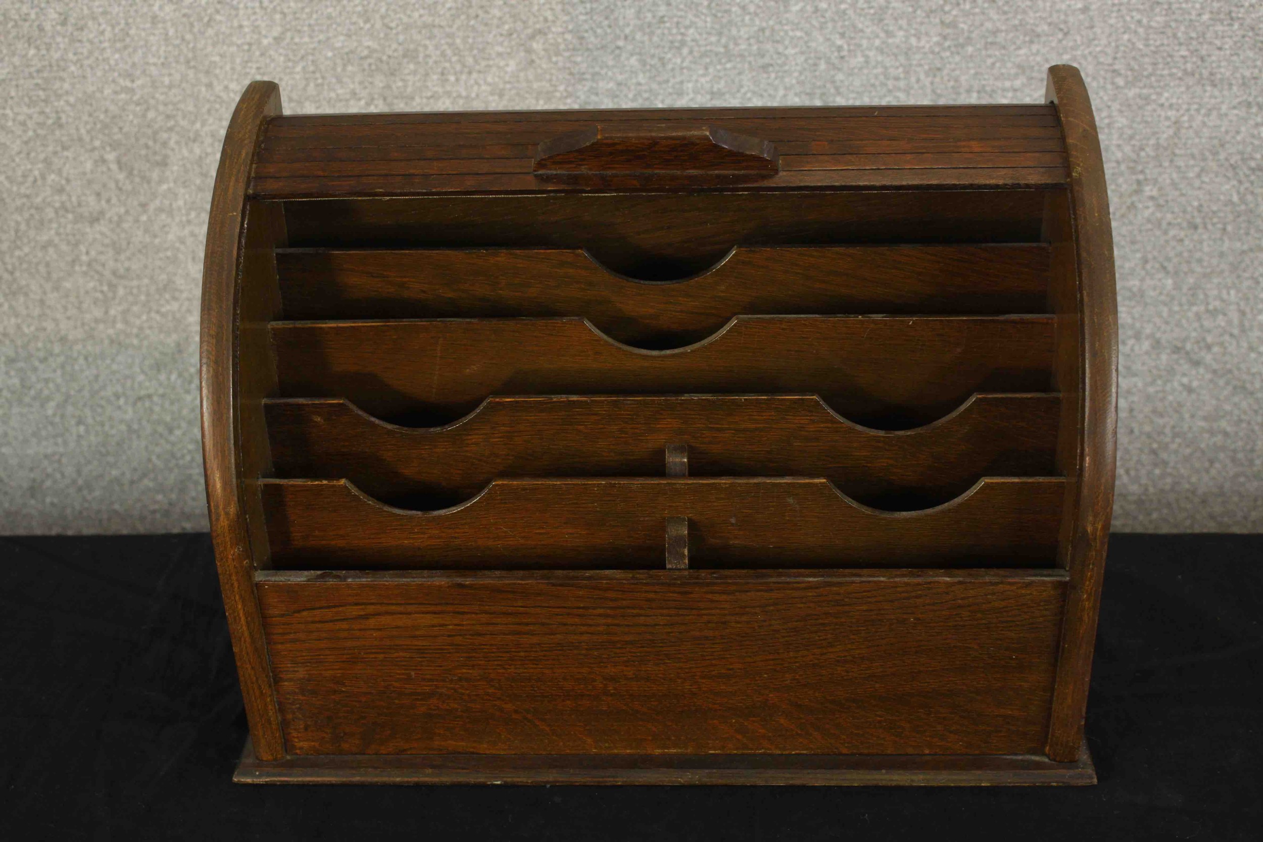 An early 20th century oak dome topped roll top letter rack, opening to reveal fitted interior. H. - Image 3 of 6