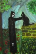 Wolf Howard, Death & Black Cat, acrylic on canvas, initialled, titled and signed verso, unframed.