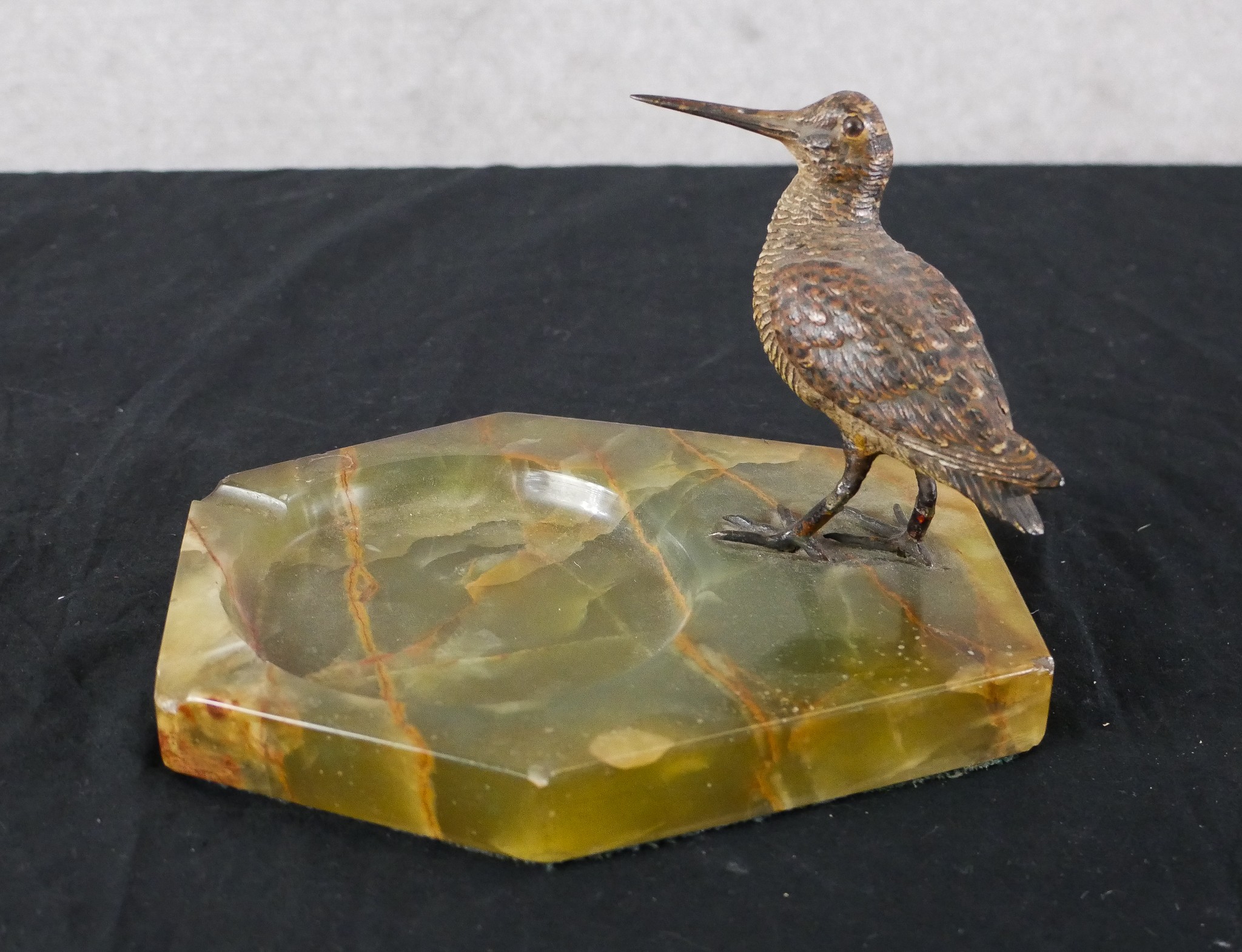 An Art Deco cold painted bronze model of a Snipe mounted on a hexagonal onyx ashtray, together - Image 3 of 7