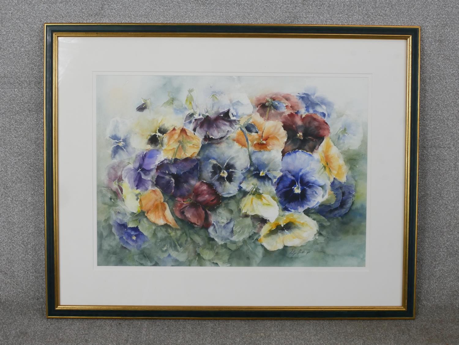 Kitty Mulder (Contemporary, Indonesian/Dutch), Pansies, watercolour on paper, signed and framed. H. - Image 2 of 7