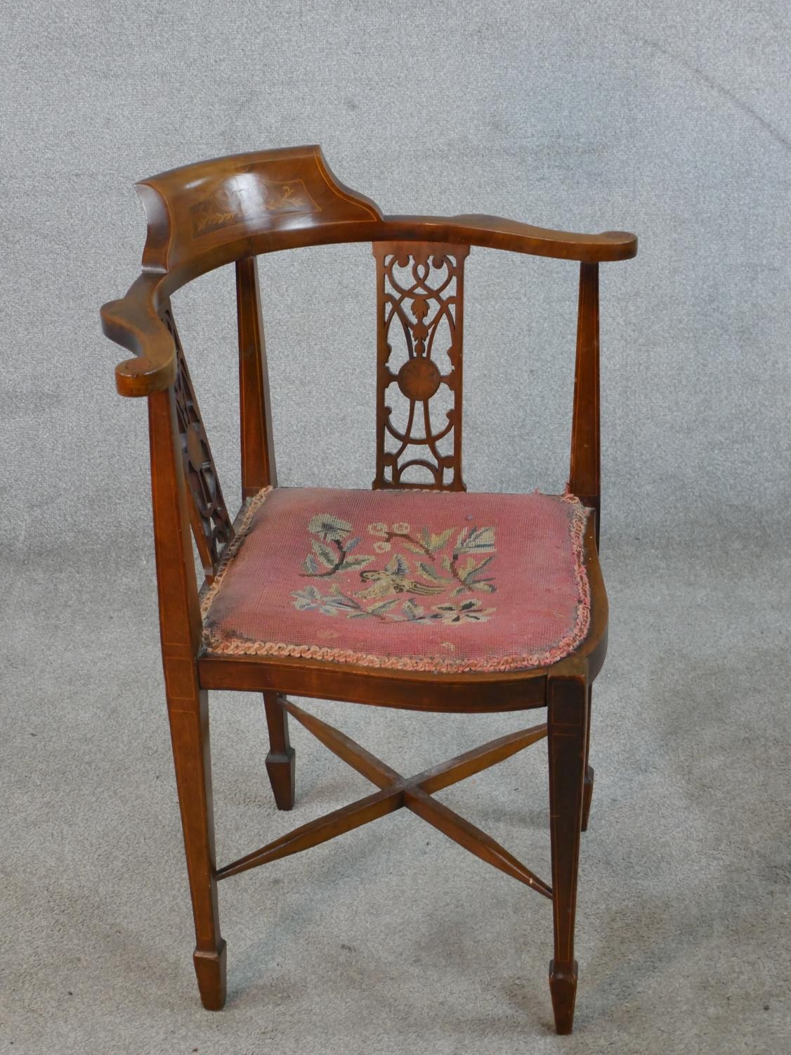 An Edwardian inlaid mahogany pierced splat back corner chair with embroidered seat, raised on X - Image 6 of 6