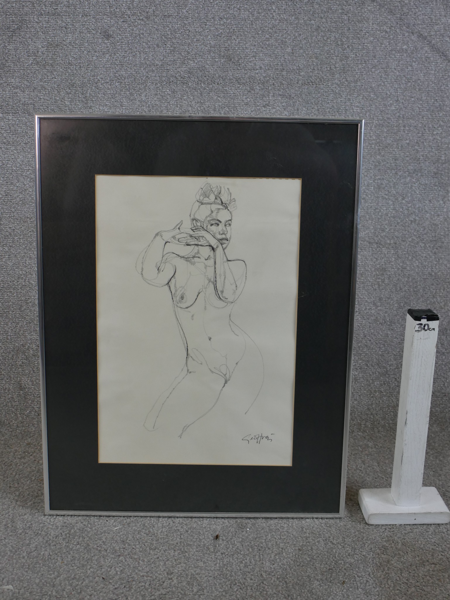 A 20th century, indistinctly signed nude female, charcoal drawing on paper, framed. H.55 W.43cm - Image 4 of 4