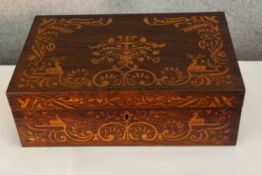 A 19th century inlaid rosewood rectangular writing slope. Inlaid with animal and floral