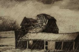 Trevor Frankland (1931-2011), Barns in a Storm, monochrome watercolour, signed lower right. H.31 W.
