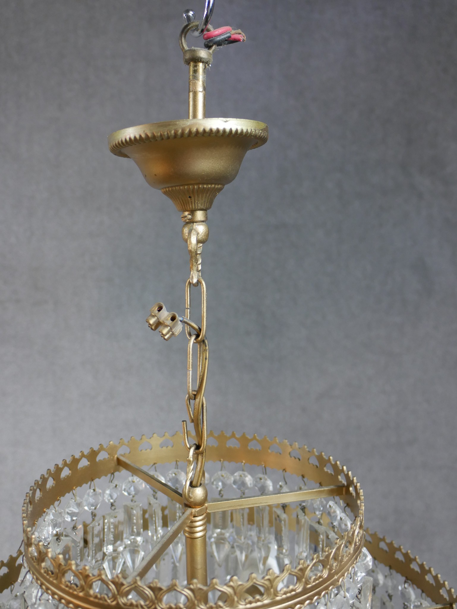 A pair of 20th century gilt metal and glass two tier hanging electroliers. H.62 W.38 D.38cm - Image 5 of 10