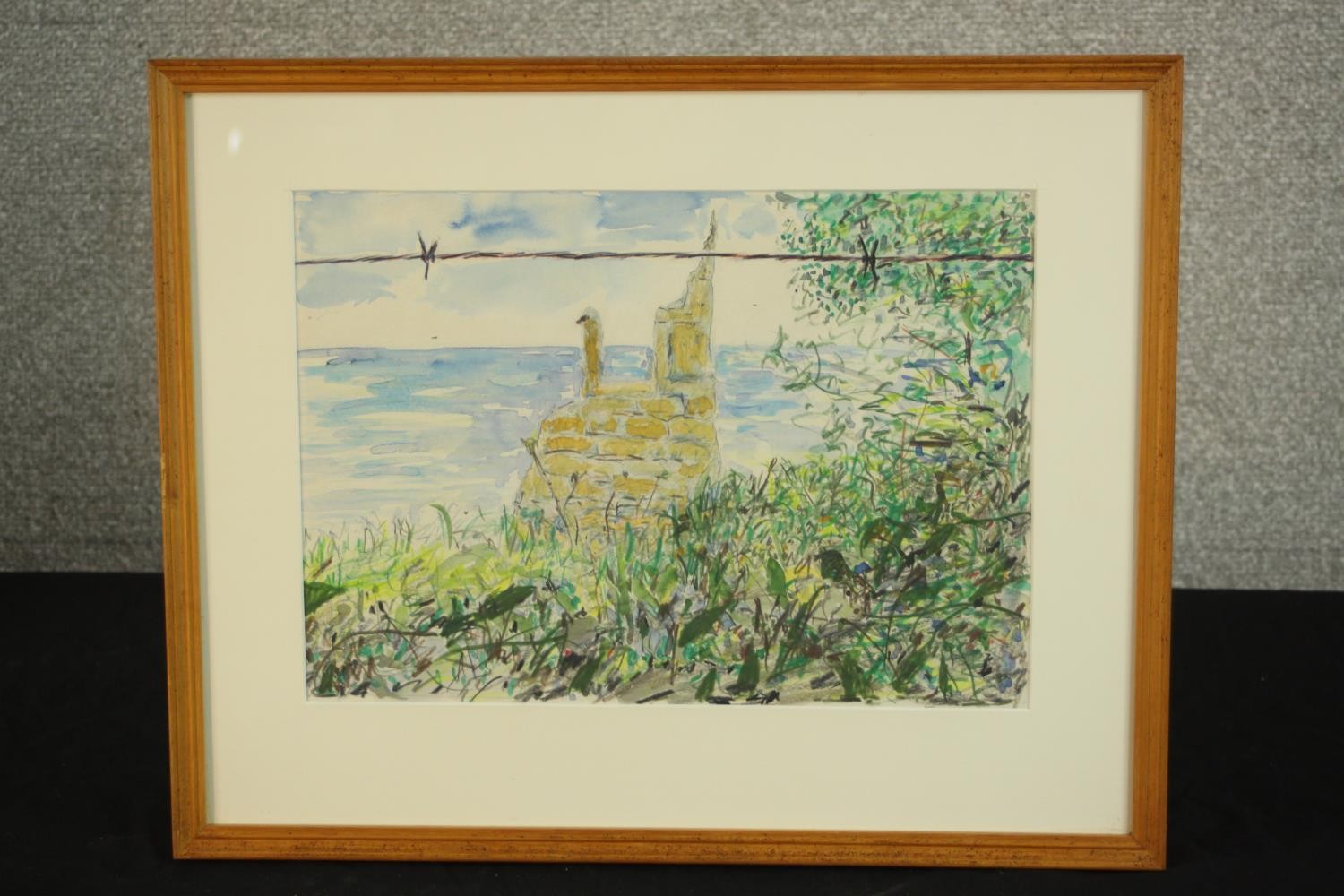 Martyn Baker (20th century), barbed wire across the cliff, watercolour on paper, framed, label - Image 2 of 7