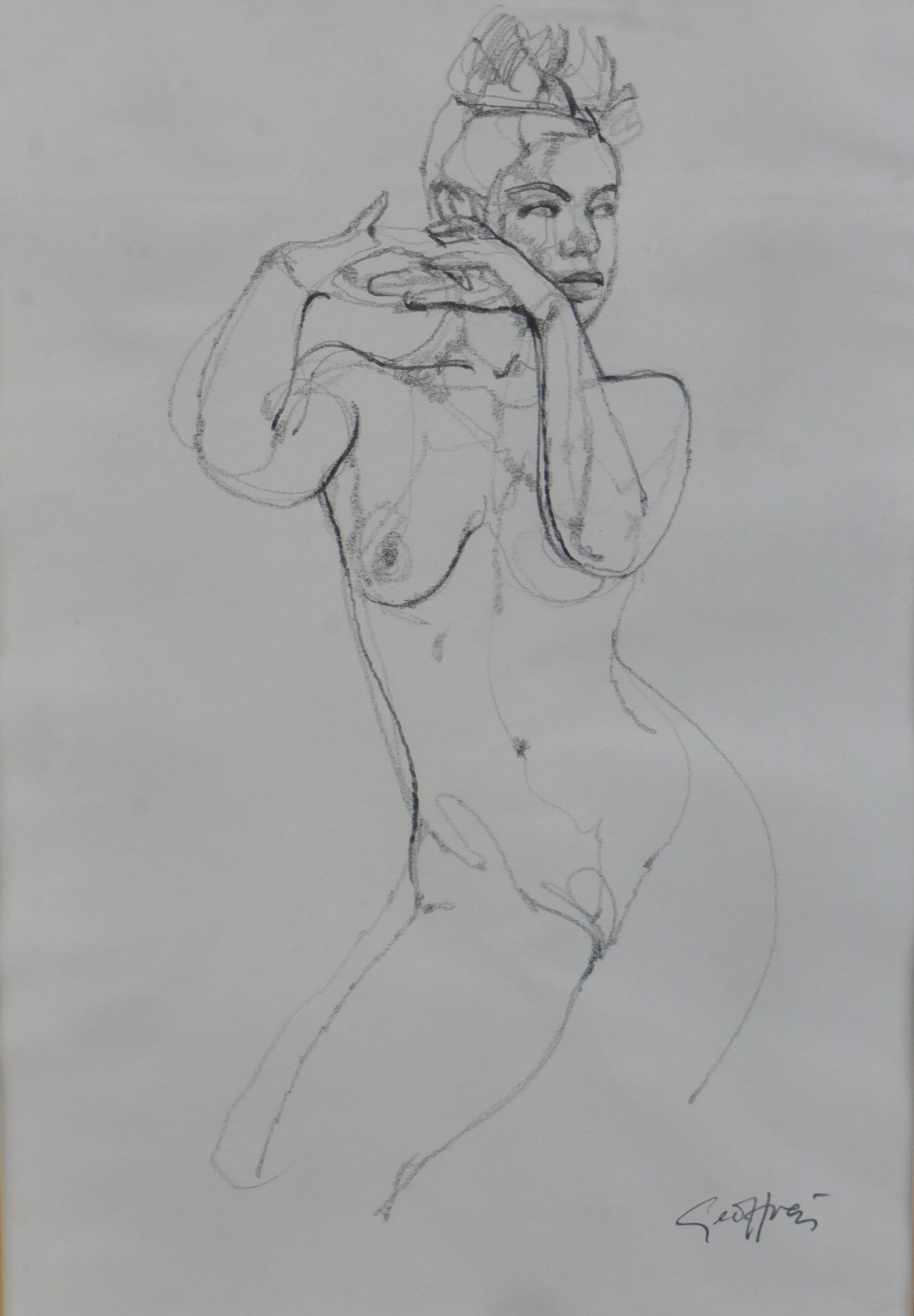 A 20th century, indistinctly signed nude female, charcoal drawing on paper, framed. H.55 W.43cm