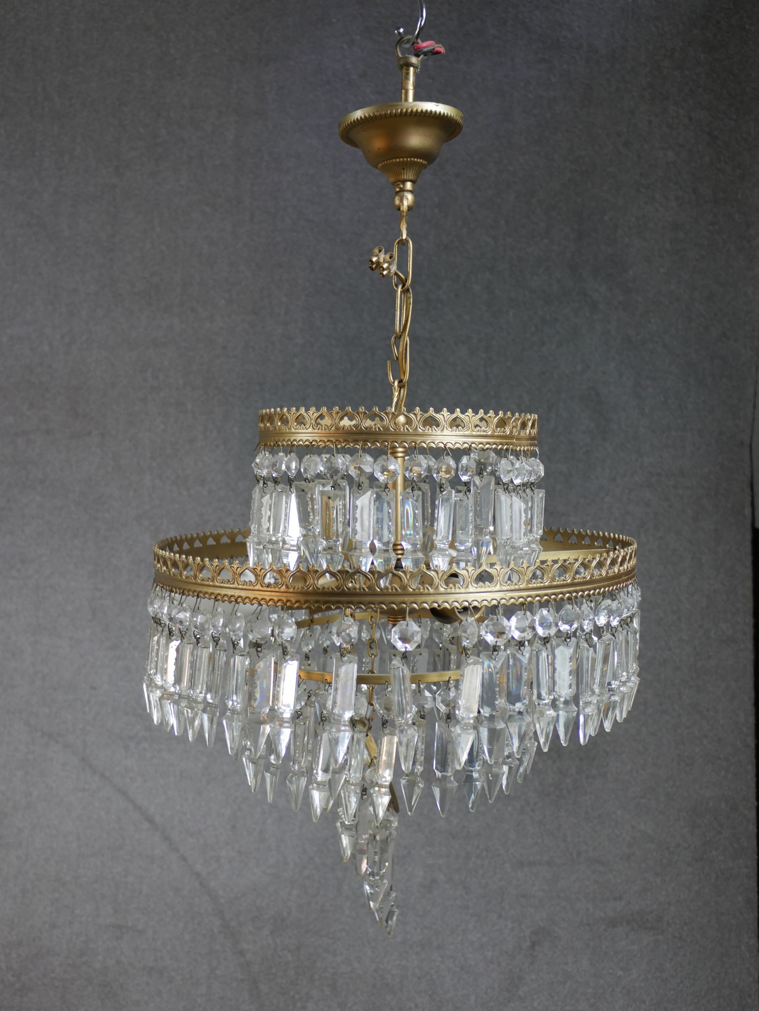 A pair of 20th century gilt metal and glass two tier hanging electroliers. H.62 W.38 D.38cm - Image 3 of 10