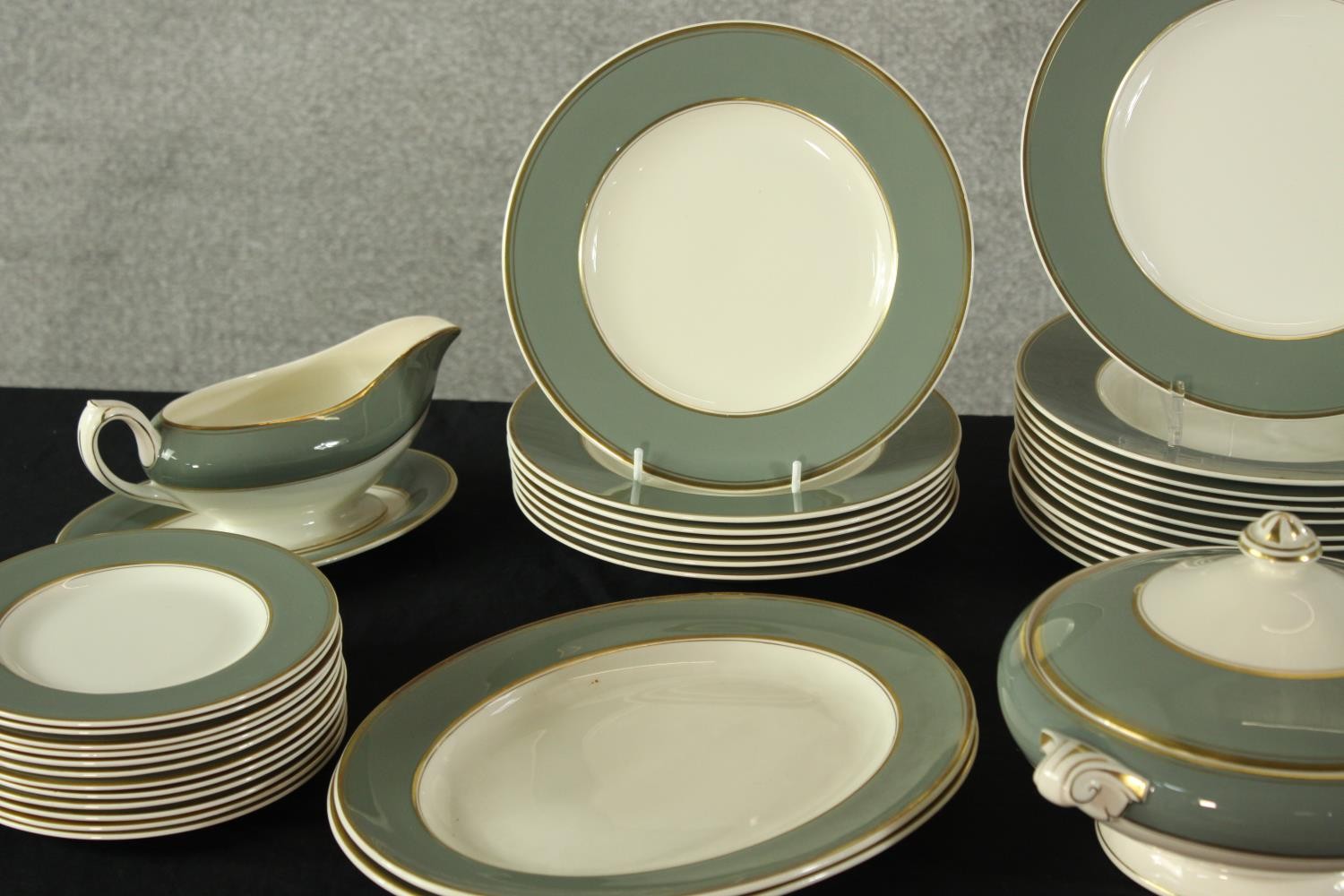 An extensive Crown Ducal porcelain dinner service with grey painted decoration and gold resist - Image 5 of 9