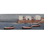 Prospero (20th century), three red and white boats on the sea, oil on board, signed and framed,