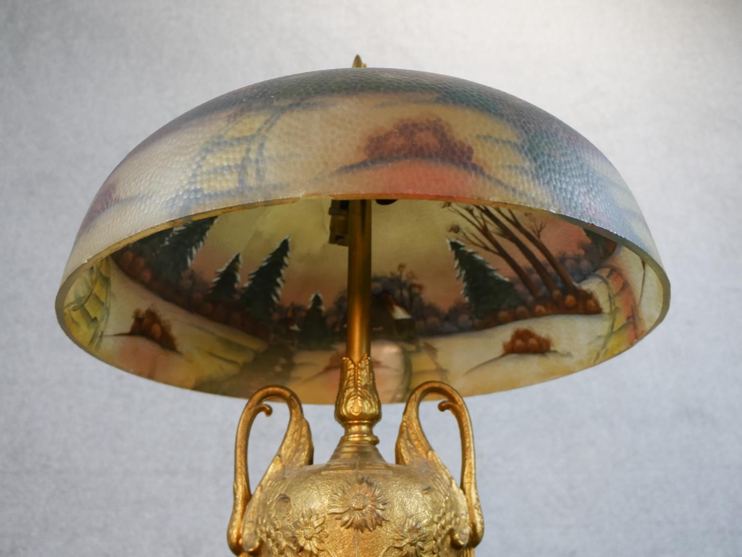 A 20th century table lamp with reverse glass painted light shade, standing on a twin swan/crane head - Image 10 of 11