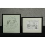 Roger Latham (Contemporary) man standing outside a takeaway, a black ink cartoon, signed framed