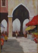 A. Murray (20th century) North African street market, oil on board, signed and framed. H.65 W.52cm