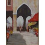 A. Murray (20th century) North African street market, oil on board, signed and framed. H.65 W.52cm